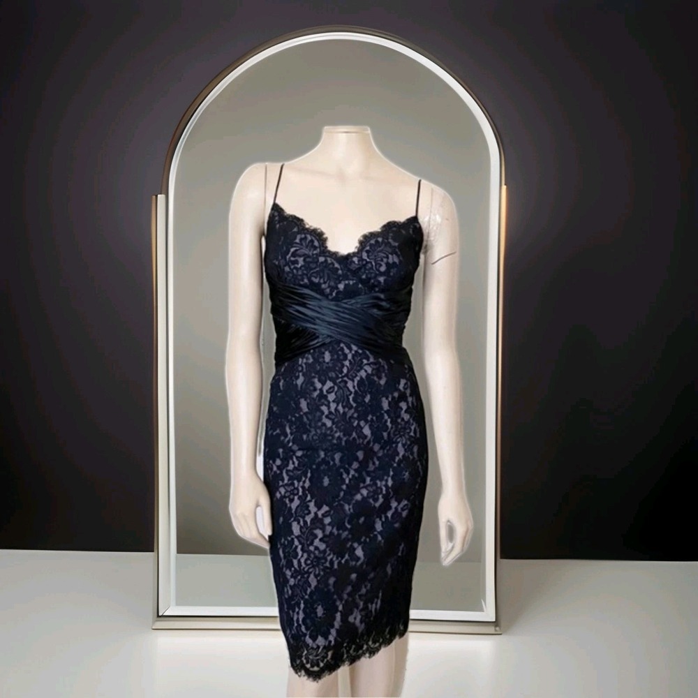 Anne Klein Black Lace Spaghetti Strap Sheath Dress Silk Satin Waist Sz 16 - Picture 1 of 13